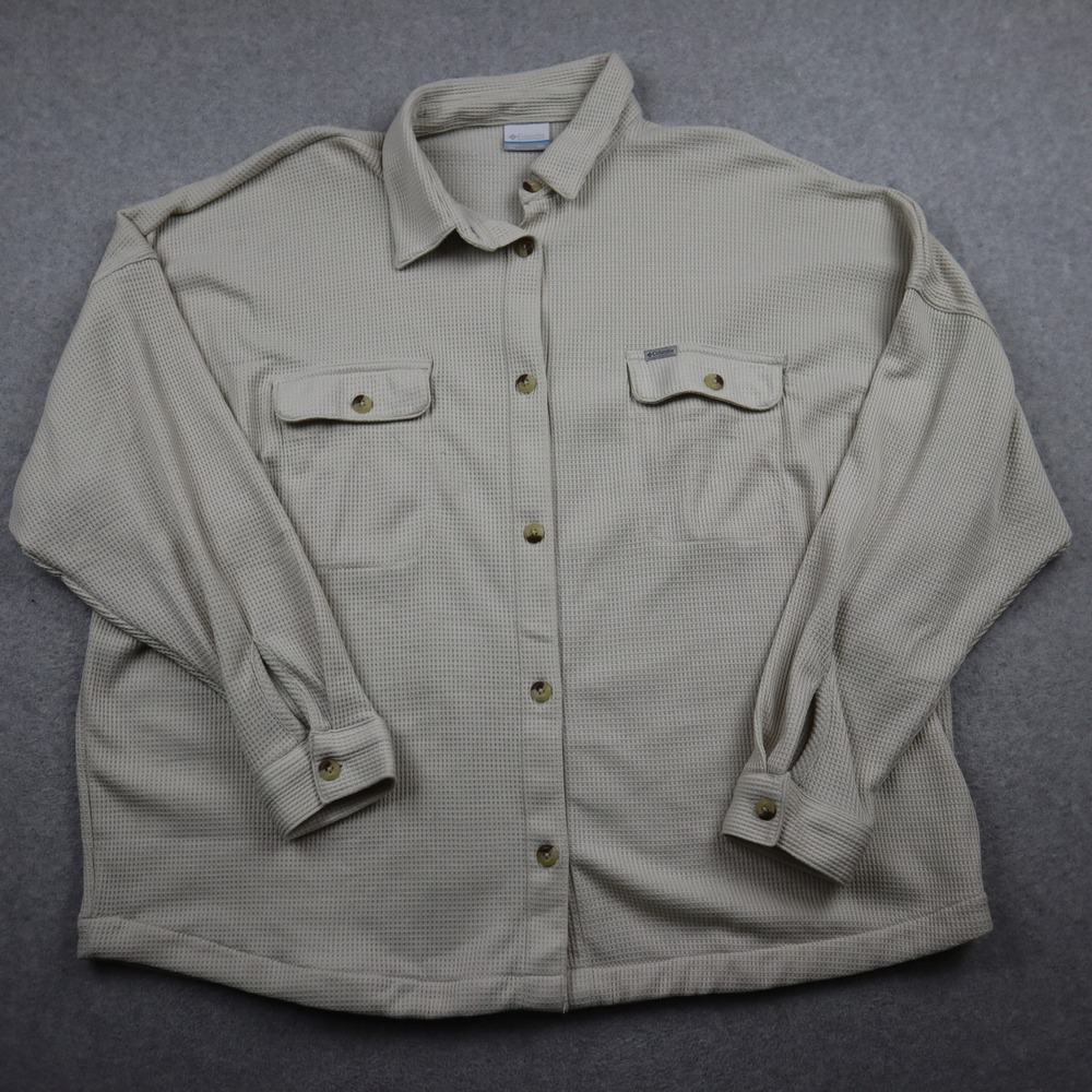 Columbia Shirt Womens XXL Oversized Waffle Knit Button Down Beige AL0867 Shacket